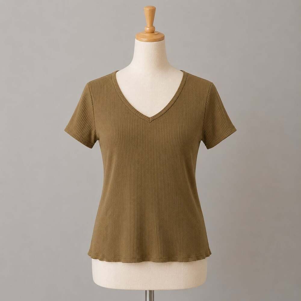 Cyrus Essentials Womens Large Ribbed Knit V-Neck Top Olive Short Sleeve Stretch